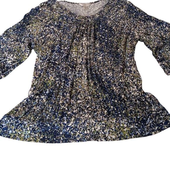 CJ‎ BANKS Stretchy Peasant Top 1X Gathered Ditsy Print Artsy Comfort Casual Work - Picture 1 of 6